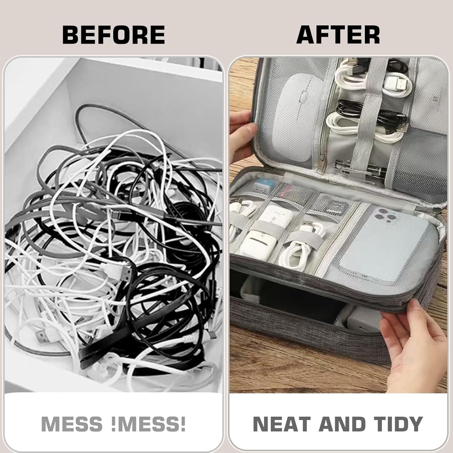 2 Layer Electronic Organizer,Cable Travel Organizer Bag, Electronic Accessories Travel Case For Adapter Plugs,Cable, Gadgets, Cord, Charger, Phone, Earphone, Large (Grey) - Image 5