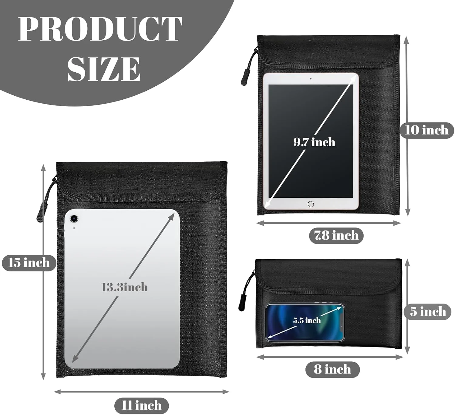 Fireproof Waterproof Document Bag 2000℉ - 3 Pack Fireproof Bags for Cash/Documents with Locking Zipper, Waterproof Money Bag & Passport Holder, Important Document Organizer Pouch (Black) - Image 2