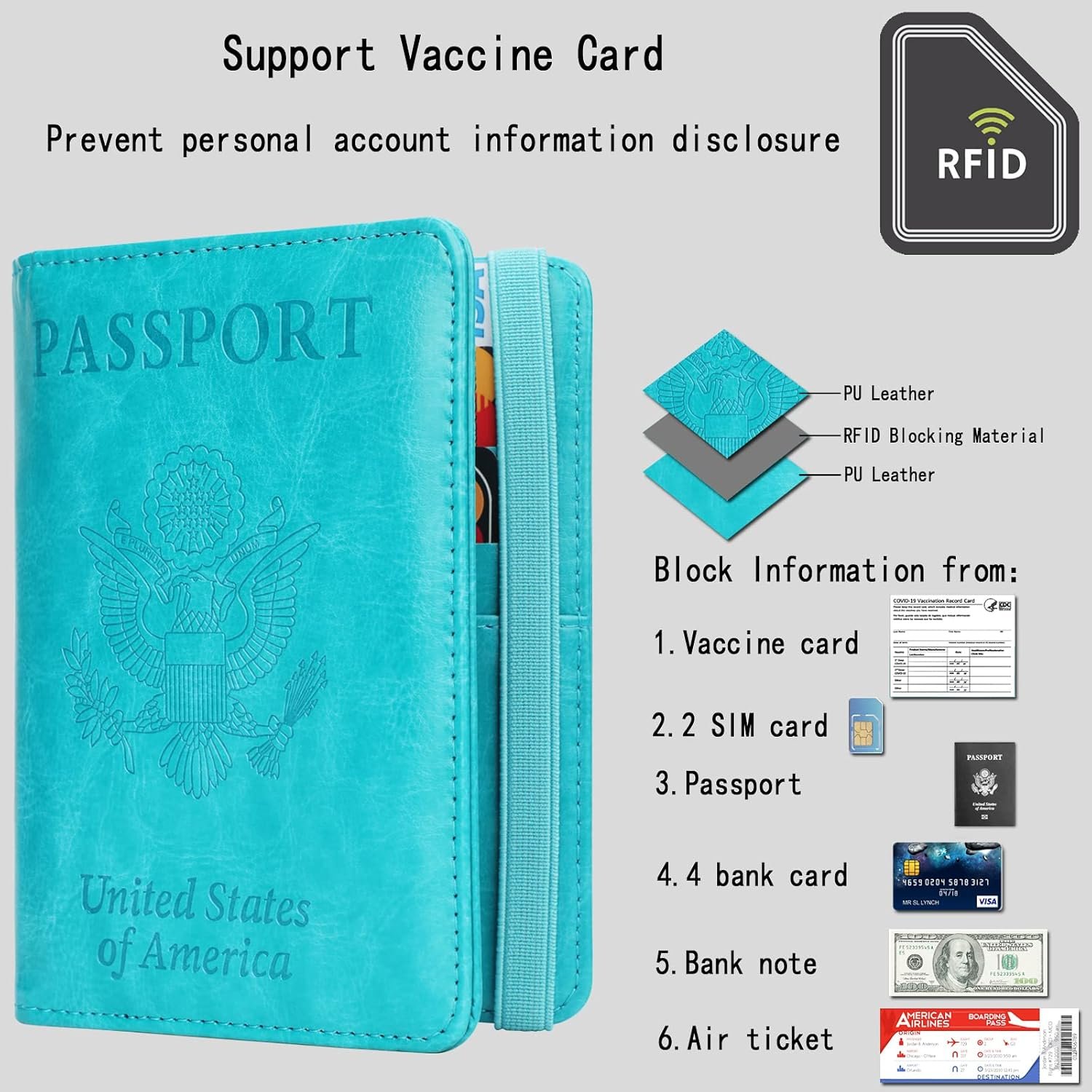 GDTK Leather Passport Holder Cover Case RFID Blocking Travel Wallet (Sky Blue) - Image 2