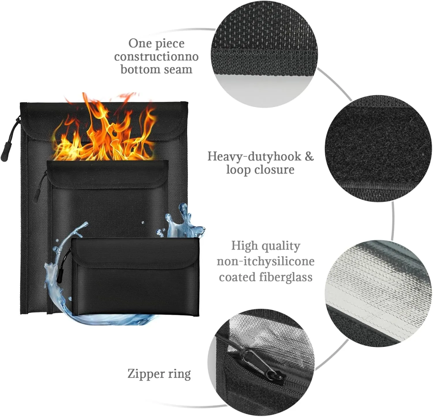 Fireproof Waterproof Document Bag 2000℉ - 3 Pack Fireproof Bags for Cash/Documents with Locking Zipper, Waterproof Money Bag & Passport Holder, Important Document Organizer Pouch (Black) - Image 3