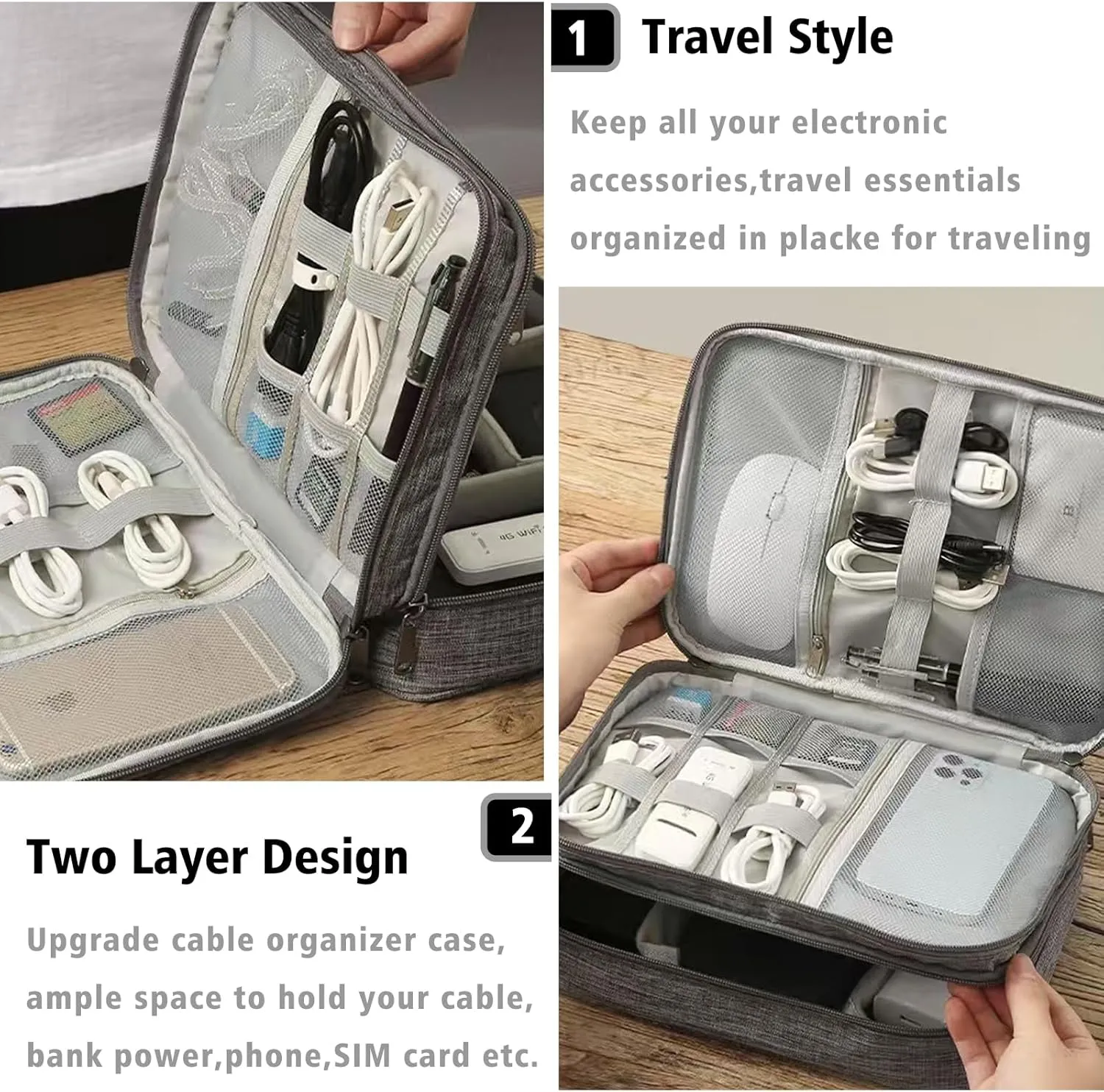 2 Layer Electronic Organizer,Cable Travel Organizer Bag, Electronic Accessories Travel Case For Adapter Plugs,Cable, Gadgets, Cord, Charger, Phone, Earphone, Large (Grey) - Image 4