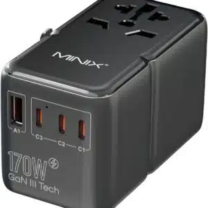 MINIX 170W Universal Travel Adapter GaN III Travel Adapter Worldwide with 3 USB-C & 1 USB-A Ports, International Power Adapter Compatible with US/UK/EU/AU for Laptops, Tablets, Phones, Cameras