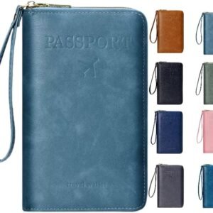 Multi-Functional RFID Passport Wallet,Travel Wallet for Men & Women,With zipper, anti-theft passport holder，Slim Leather Cover for Credit Cards, Tickets, Cash (Sky blue)