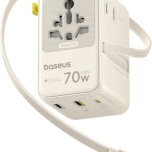 Baseus 70W Universal Travel Adapter with Retractable Cable, 6-in-1 International Plug Adapter, USB-C PD Fast Charging Worldwide Wall Charger for USA/EU/UK/AUS and Over 200 Countries (Off-White)