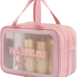 DAPOWER Travel Toiletry Bag for Women, Matte Translucent Toiletry Bag with Handy Handle, Makeup Cosmetic Organizer Bag for Travel Toiletries Accessories (Pink-XL)