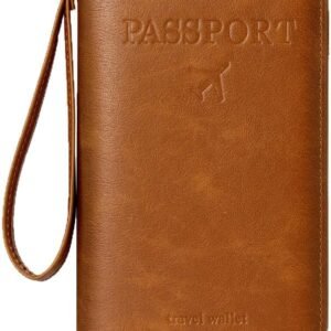 DOB SECHS Leather Passport Cover Case with Wristlet, RFID Blocking Passport Holder Credit Cards Case for Men Women, Travel Accessories Organizer Pouch Bag, Brown