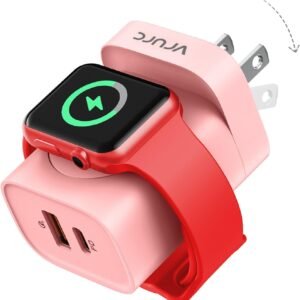 VRURC Charger for iPhone & Apple Watch, 20W USB C Fast Charging Block, 3-in-1 Compact Travel Adapter with 2 Port for iPhone 17/16/15/14/13, Wireless Magnetic for iWatch SE/11/10/9/8/7/6/5/4-Pink