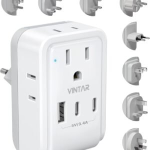 VINTAR Universal Travel Adapter Kit, International Power Adapter with 4 AC and 3 USB Ports(2 USB C), Type A,B,C,D,E/F,G,I,M Detachable Attachments, Travel Adapter Worldwide for India/Africa/Europe/UK