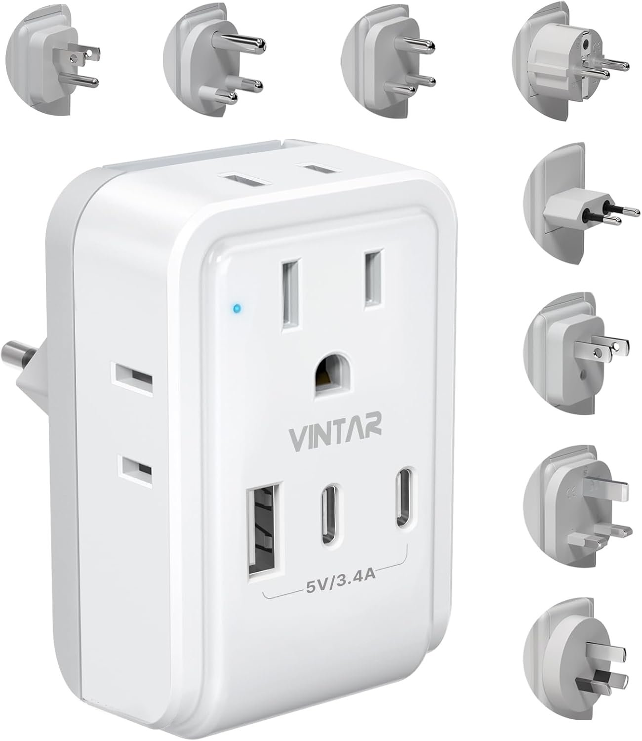 VINTAR Universal Travel Adapter Kit, International Power Adapter with 4 AC and 3 USB Ports(2 USB C), Type A,B,C,D,E/F,G,I,M Detachable Attachments, Travel Adapter Worldwide for India/Africa/Europe/UK
