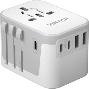 Universal Travel Adapter, VINTAR International Power Adapter with 6A 3 USB C and 2 USB Ports, All in One Travel Essentials Plug Adapter, Worldwide Outlet Converter for Europe UK AUS USA(Type A/C/G/I)