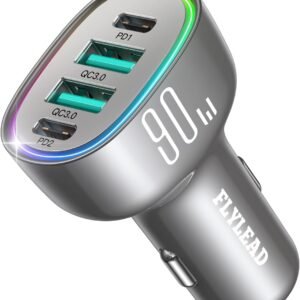 Car Charger USB C 90W 4-Port Car Phone Charger Compatible with iPhone 17/16/15/14/13/12 Pro Max Plus [A Must for Family Travel] Super Fast Charging Cigarette Lighter Adapter Port Titanium