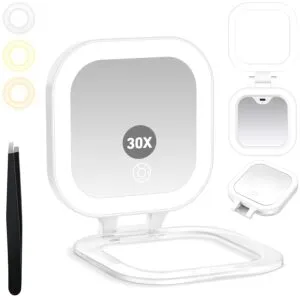 GOMIPURU Travel Mirror with Light, Compact Mirrors, 1x/30x Magnifying Mirror with 3 Color Lights and Adjustable Brightness, 4.5x3.9 inch Small Compact Hangable Hand Pocket Mirrors, Comes with Tweezer