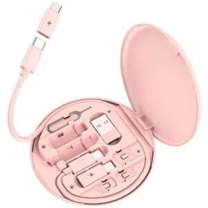 Multi USB Charging Adapter Cable Kit, USB C to iOS Device Adapter Box, Conversion Set A & Type C to Male Micro/Type C/iOS Device, Data Transfer, Card Storage, Tray Eject Pin, Phone Holder (Pink)