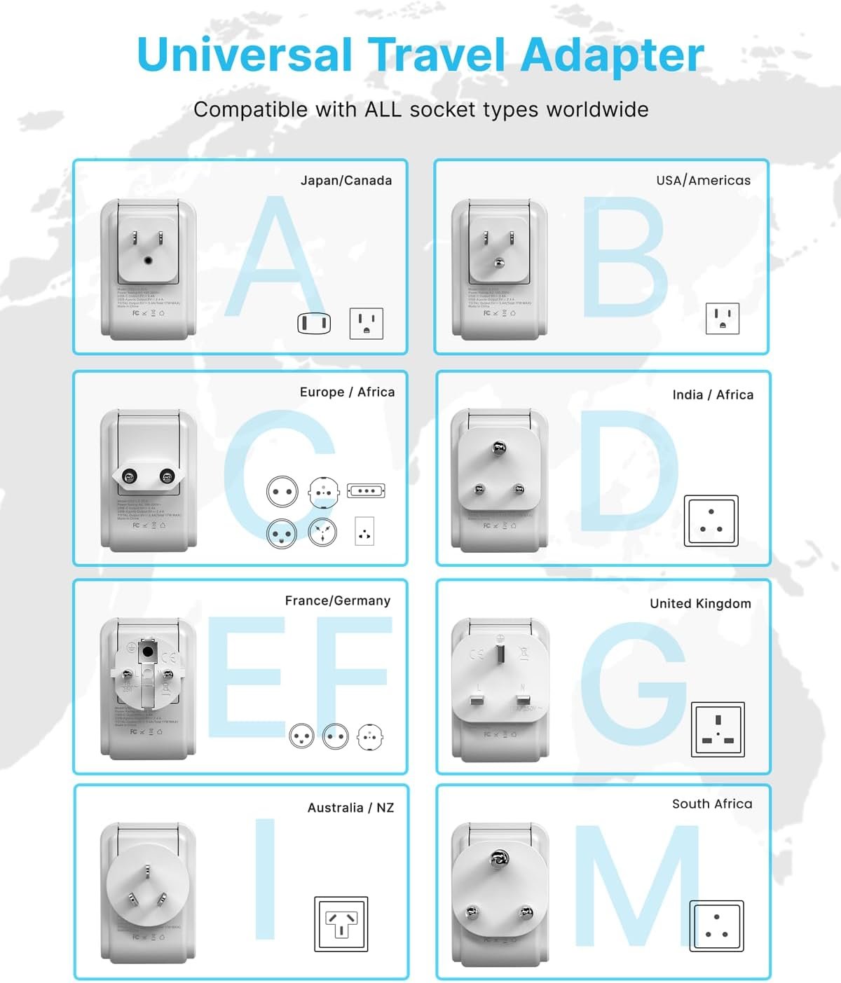 VINTAR Universal Travel Adapter Kit, International Power Adapter with 4 AC and 3 USB Ports(2 USB C), Type A,B,C,D,E/F,G,I,M Detachable Attachments, Travel Adapter Worldwide for India/Africa/Europe/UK - Image 2