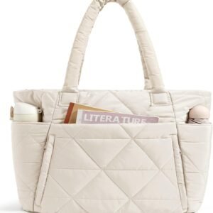 BAGSMART Tote Bag for Women, Puffy Tote Bag with Zipper, Large Quilted Shoulder Bag with Compartments for Travel, Work, Gym