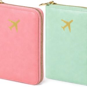 SilTriangle 2 pcs Leather Passport Holder Covers Case, Waterproof RFID Blocking Travel Wallet, Features An Embossed Gold Aircraft Emblem Passport Holder For Women Men(Light Pink,Bean Green)