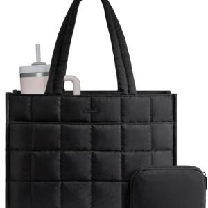 LOVEVOOK Tote Bag for Women, Puffer Work Handbag 15.6 Inch Laptop Purse for Nurse Teacher, Large Quilted Travel Tote Shoulder Bag with Zipper for College Office Clinical Gym, Black
