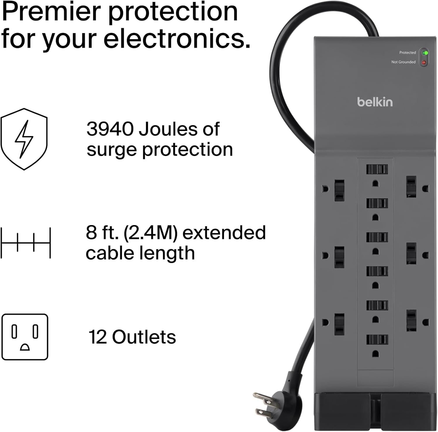Belkin 12-Outlet Surge Protector Power Strip w/ 12 AC Outlets & 8ft Flat Plug, UL-listed Heavy-Duty Extension Cord for Home, Office, Travel, Computer, Laptop, Charger - 3,940 Joules of Protection - Image 2