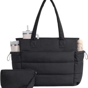 LOVEVOOK Tote Bag for Women with Giant Tumbler Holder Pocket, Puffer Work Travel Laptop Handbag with Zipper for Nurse Teacher