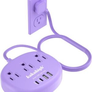 Purple Extension Cord with Surge Protected 1080J - 5 FT Flat Power Strip, 1625W Cute Extension Cord with 3 AC Outlet 4 USB (24W/4.8A), Compact for Cute Purple Kawaii Lavender Accessories