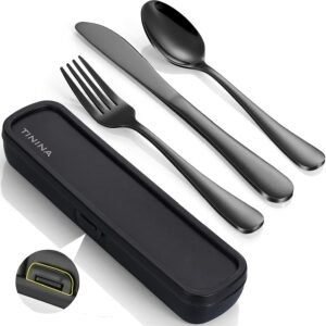 Travel Utensils with Case, 4-Piece Stainless Steel Portable Cutlery Set, Reinforced Case with Buckle Design, Lunch Box for Camping Work School, Include Fork Spoon Knife, Dishwasher Safe, Black