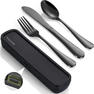 Travel Utensils with Case, 4-Piece Stainless Steel Portable Cutlery Set, Reinforced Case with Buckle Design, Lunch Box for Camping Work School, Include Fork Spoon Knife, Dishwasher Safe, Black