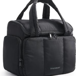 BAGSMART Travel Toiletry Bag for Women with Puffy Water-Resistant Fabric, Roomy Makeup Bag Organizer for Travel-Sized Toiletries & Accessories, Black