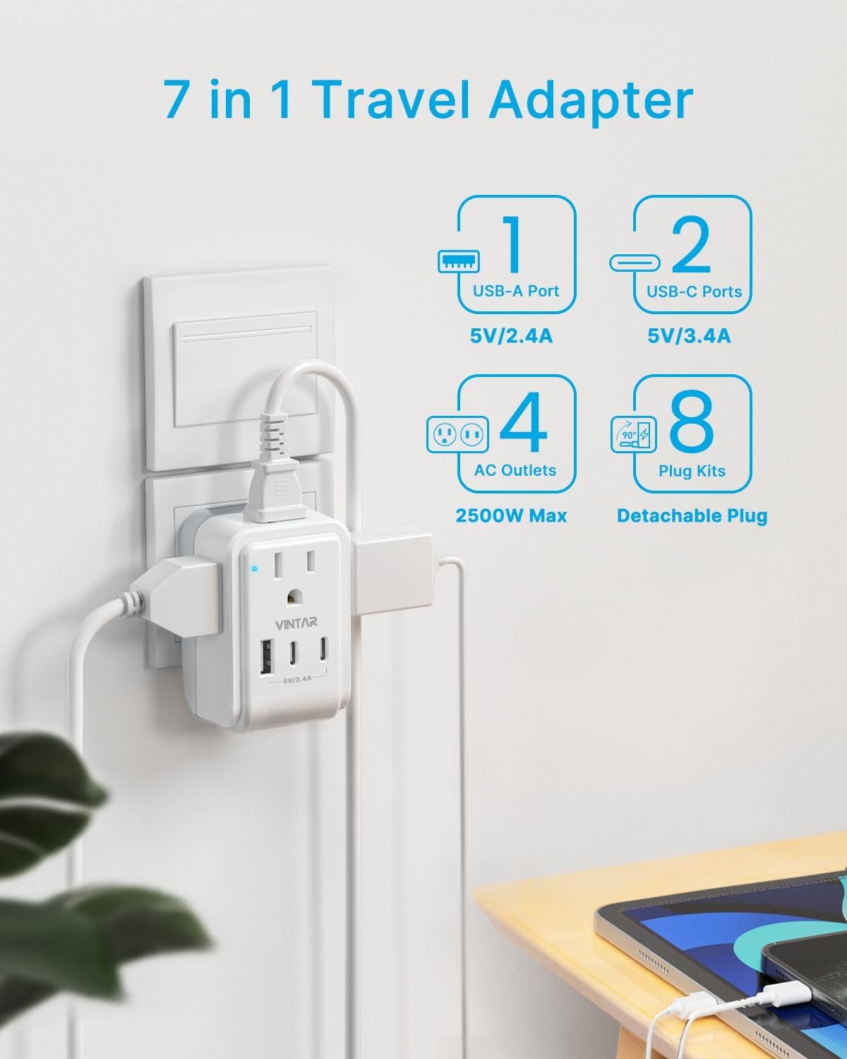 VINTAR Universal Travel Adapter Kit, International Power Adapter with 4 AC and 3 USB Ports(2 USB C), Type A,B,C,D,E/F,G,I,M Detachable Attachments, Travel Adapter Worldwide for India/Africa/Europe/UK - Image 5