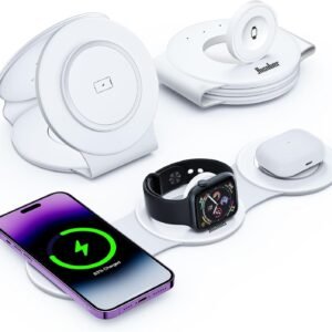 Hicober 3 in 1 Wireless Charging Station for iPhone 15, Magnetic Foldable Travel Charger Station Stand 18W for iPhone Air 17 16 15 14 13 12 Pro/Max/Plus/Apple Watch All Series & Airpods