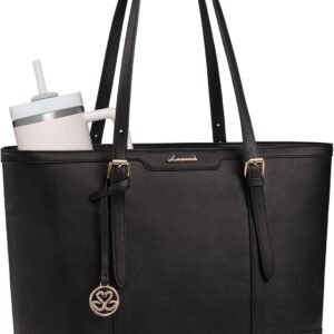 LOVEVOOK Work Tote Bag for Women 15.6 Inch Laptop Computer Bags with Cup Holder, Large Leather Teacher Bag Briefcase for Office Travel Black, PU
