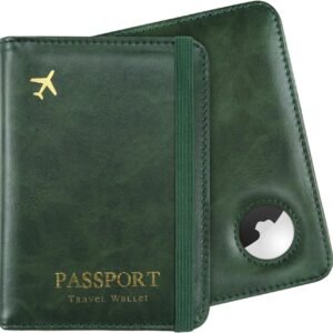 ILIYAH Passport Holder with AirTag – RFID Blocking Travel Document Wallet, Leather Passport Cover with AirTag Slot, Keeps Passport Safe & Trackable (Green)
