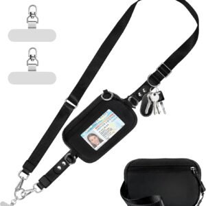 Tiostep Clip and Go Strap for Phone with Wallet Crossbody Phone Lanyard Adjustable and Detachable RFID Wristlet Wallet with ID Window and Zipper, Black
