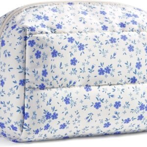 BAGSMART Makeup Bag, Wide Opening Cosmetic Bag Compact & Spacious, Water-Resistant Travel Organizer Pouches for Women (Blue Ditsy Floral)