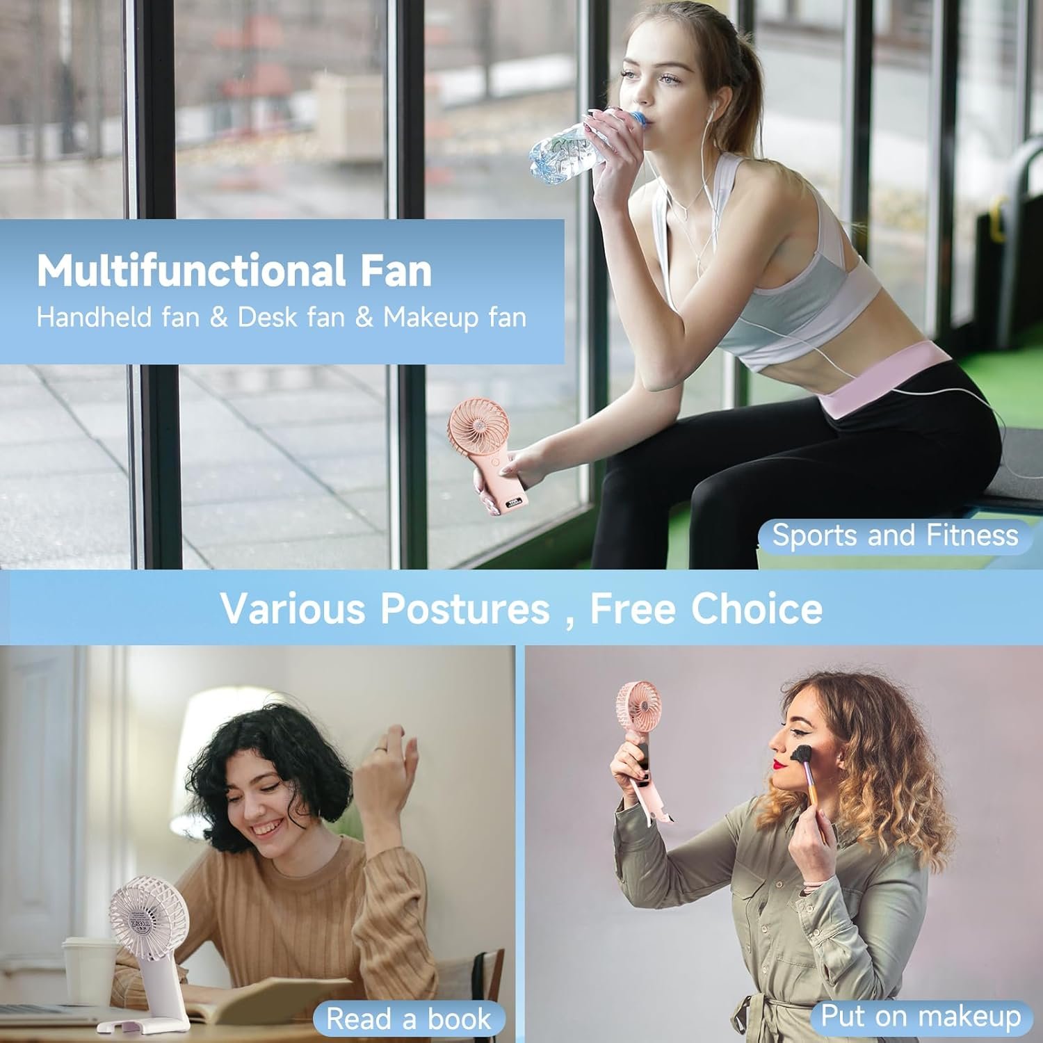 QQT Mini Handheld Fan,4 Speed Adjustable Portable Battery Operated Fans,USB Rechargeable Desk Fan with Mirror,Max 20 Hrs Hand Fan For Travel Office Outdoor Women Men (Pink) - Image 2