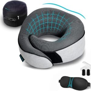 Proglobe Travel Neck Pillows for Airplanes, Sleeping Essentials for Long haul Flights, 360° Head Support, Car and Airplane Kit with 3D Contoured Eye Mask, Earplugs and Luxury Mesh Bag (Adult, Grey)