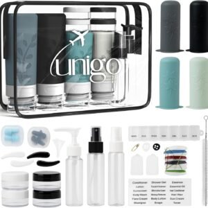 unigo 30pack Full Set TSA Approved Travel Bottles for toiletries, Travel Size Containers for Toiletries, Refillable Leakproof Shampoo and Conditioner Bottles, Toiletry Containers (Gray)