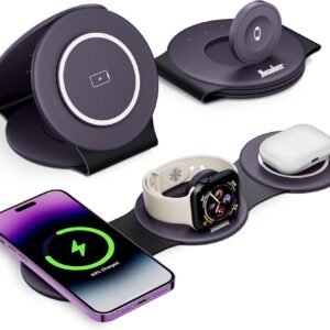 Hicober 3 in 1 Charging Station for Apple Multiple Devices, Foldable Travel Wireless Charger 18W for iPhone Air 17 16 15 14 13 Pro Max Plus &Apple Watch Series/Airpods Purple