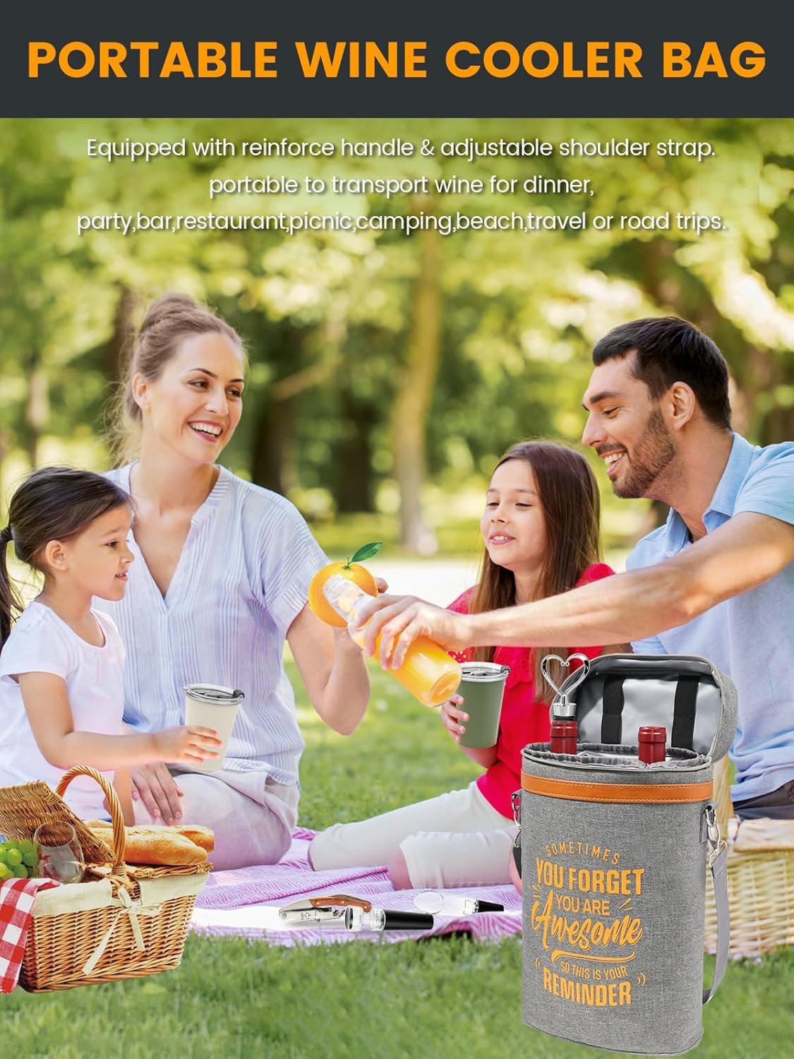 Wine Lovers Gift Set Insulated Cooler Bag Holds 2 Bottles & Includes 2 Tumblers Perfect Portable Carrier for Outdoor Adventures Ideal Birthday Christmas Valentine's Day Anniversary Gift for Women Men - Image 6