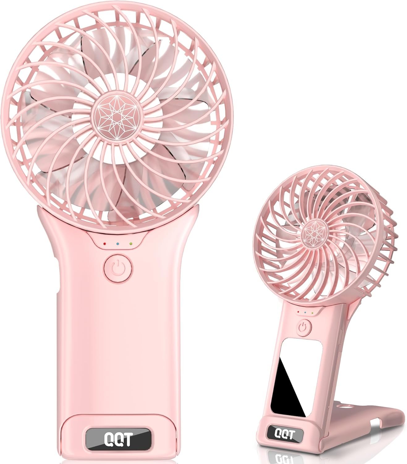 QQT Mini Handheld Fan,4 Speed Adjustable Portable Battery Operated Fans,USB Rechargeable Desk Fan with Mirror,Max 20 Hrs Hand Fan For Travel Office Outdoor Women Men (Pink)