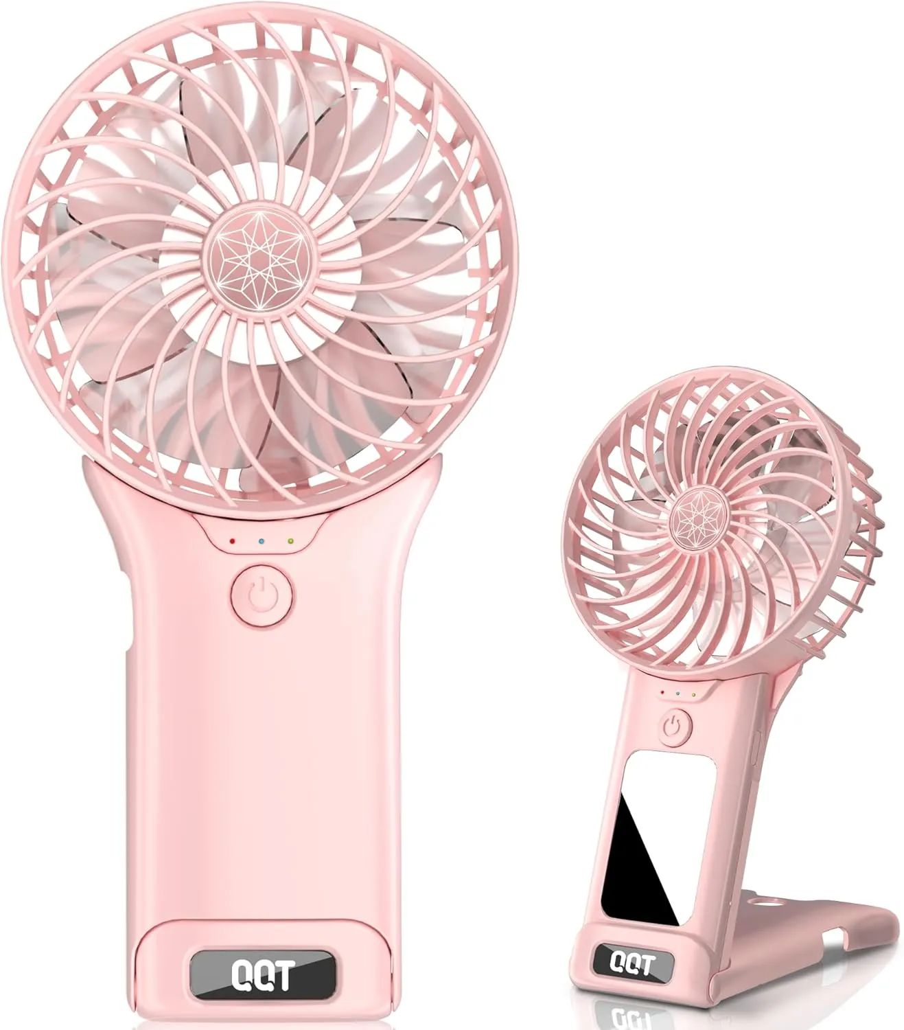 QQT Mini Handheld Fan,4 Speed Adjustable Portable Battery Operated Fans,USB Rechargeable Desk Fan with Mirror,Max 20 Hrs Hand Fan For Travel Office Outdoor Women Men (Pink)