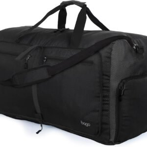 Bago Large Foldable Duffel Bags for Traveling Women & Men - 80L Packable Duffle Bag for Travel with Shoe Compartment - Water Repellant, Heavy Duty, Lightweight Folding & Collapsible (All Black)