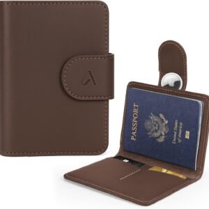 ALLIVE Passport Holder for Travel, Genuine Leather Passport Holder with AirTag Hidden, Rfid Passport Cover Travel Wallet for Airport Essentials, Travel Must Haves Gifts (Coffee Brown)
