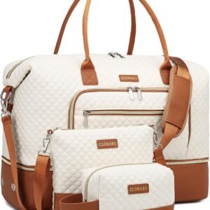 CLOKARS Weekender Bags for Women, Travel Duffle Bag Carry On Overnight Bag with Cosmetics Bag and Crossbody Purse for Gym Hospital, Gifts for Women, Beige Brown