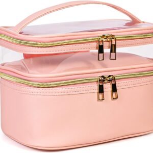 imerelez Pink Makeup Bag, Leather Double Layer Makeup Bag,Travel Accessories Toiletry Bag for Women,Travel Essentials Cosmetic Bag
