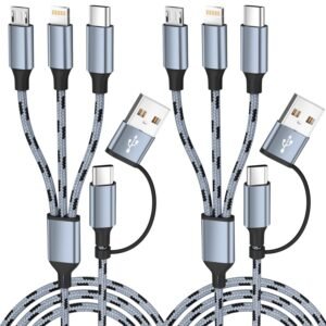 Travel Essentials Multi Charging Cable(2Pack, 5FT), 5 in 1 Charging Cables for Multiple Devices, Nylon Braided Universal Phone Charger Cord USB A/C to Type C/Micro USB/IP for iPhone16/15/14/Phone&Pad