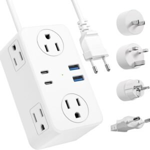 Kakyanill European Travel Plug Adapter, EU/UK/US Travel Plug Adapter Power Strip, 6 AC Outlets, 4 USB Ports (2 USB C), 3ft Wrapped Around Extension Cord, Universal Travel Adapter