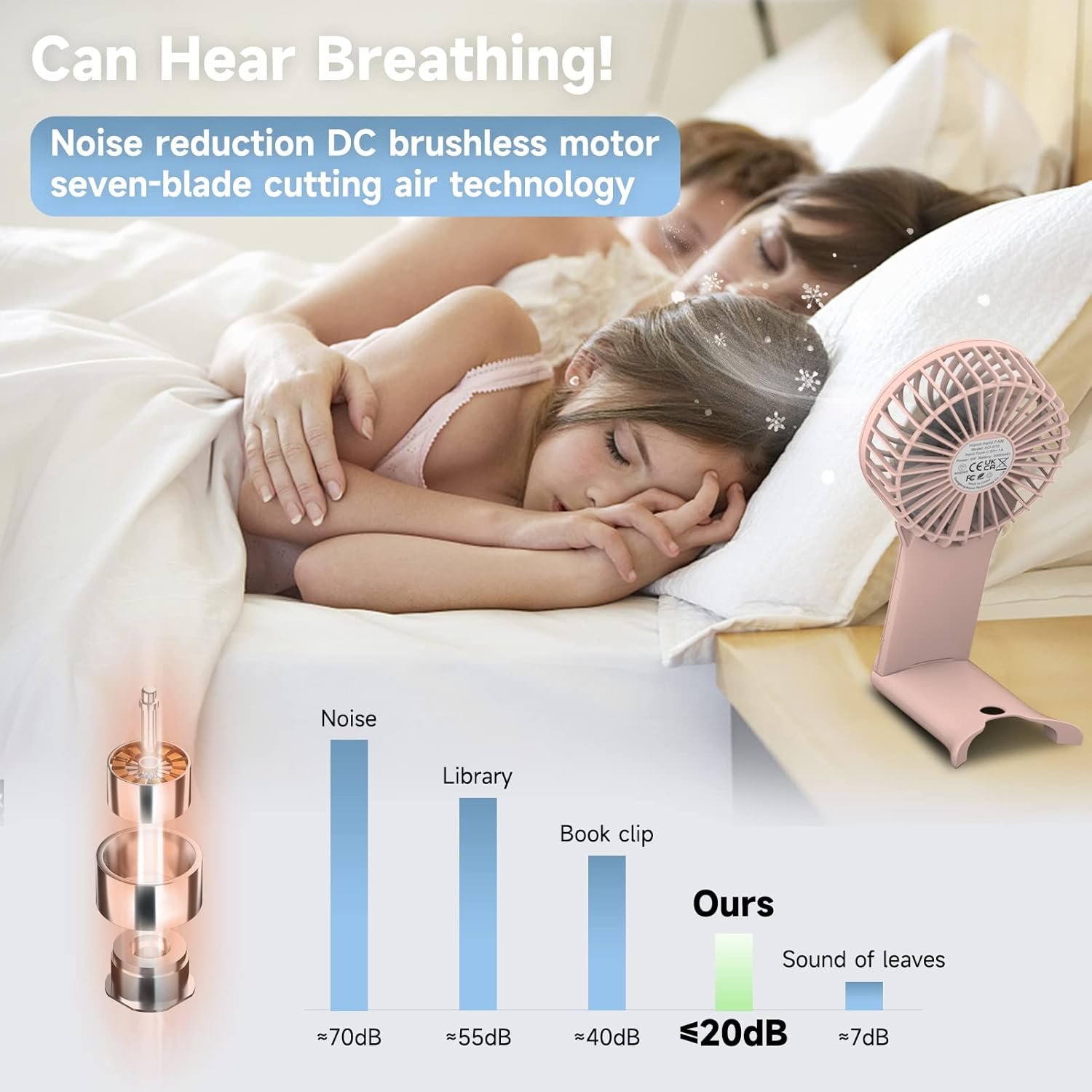 QQT Mini Handheld Fan,4 Speed Adjustable Portable Battery Operated Fans,USB Rechargeable Desk Fan with Mirror,Max 20 Hrs Hand Fan For Travel Office Outdoor Women Men (Pink) - Image 5