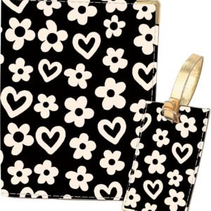 PRESSINART Passport Holder Luggage Tag Passport Cover for Women Floral Heart Print Leather Black White Wallet Book Case Travel Essentials Organizer Card Protector Stylish Accessories for Men Women