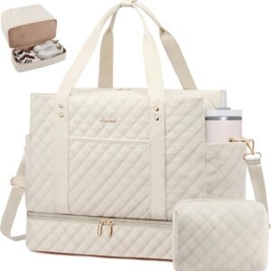 LOVEVOOK Large Travel Duffle Bag for Women, 45L Weekender Bags with Shoe Compartment & Wet Pocket, Quilted Carry On Personal Item Bag, Overnight Hospital Bags for Labor Delivery Beige