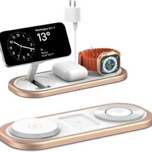 3 in 1 Fast Wireless Charger Stand for iPhone, Foldable Travel Charging Station for Magsafe for iPhone 17/Air/16/15/14/13/12 Series, Apple Watch Series, AirPods pro/2/3/4, Gifts for Women Men (Golden)